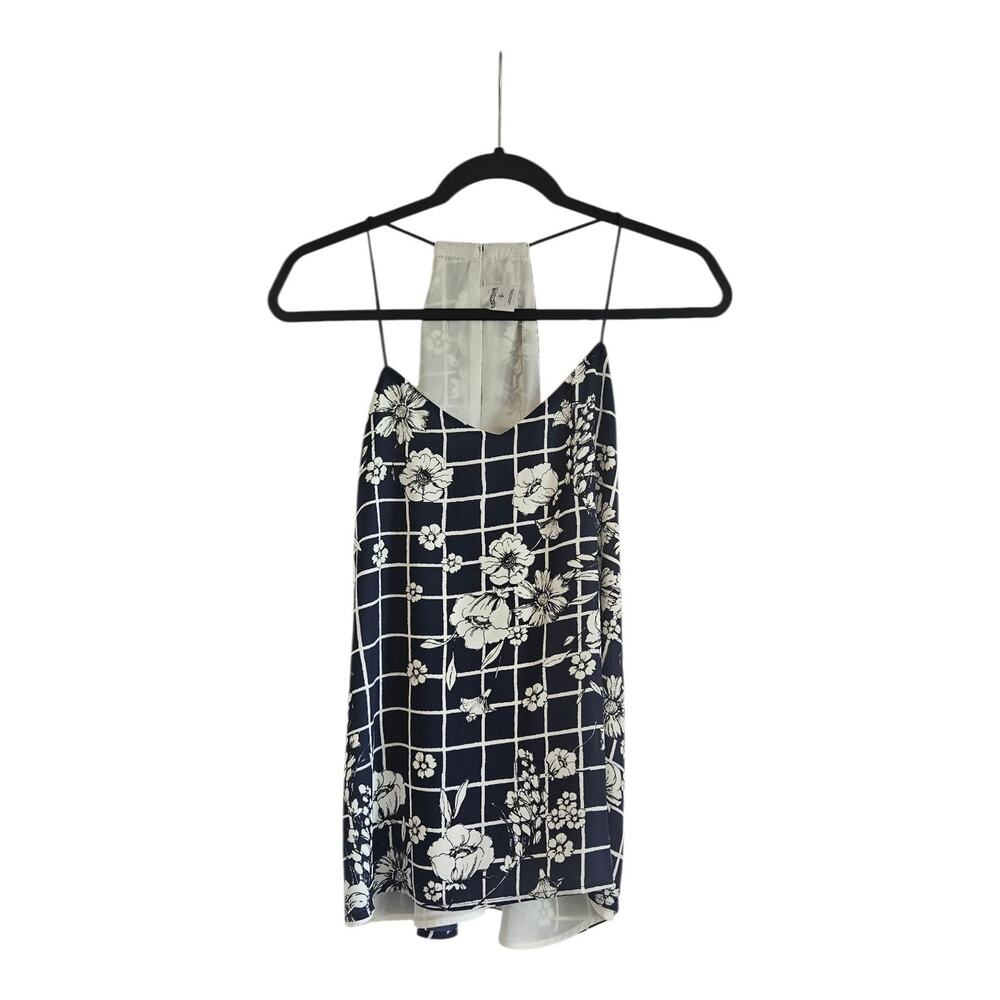 Express Womens Sm Barcelona Cami Top Lined Floral Keyhole Back Navy White V-Neck